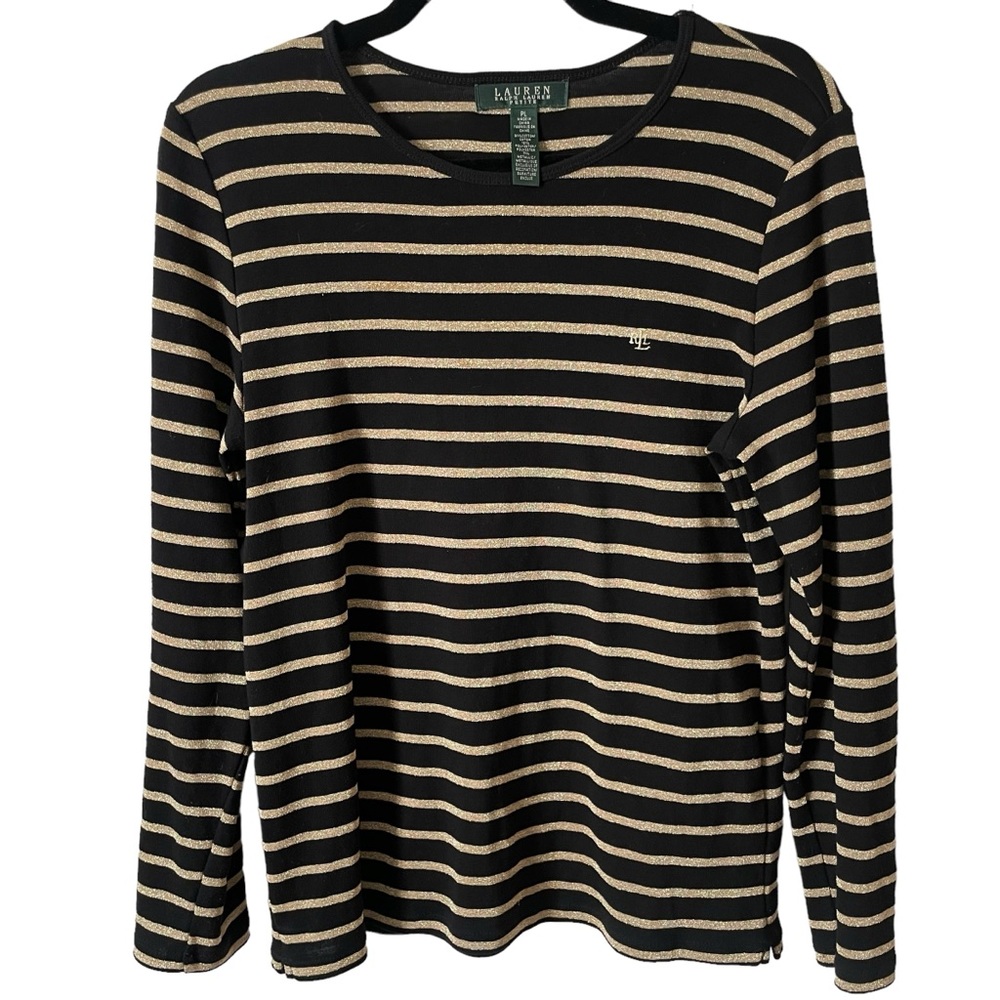 Lauren Ralph Lauren Long Sleeve Black/Gold Shimmery Striped Top, Size PL, EUC!